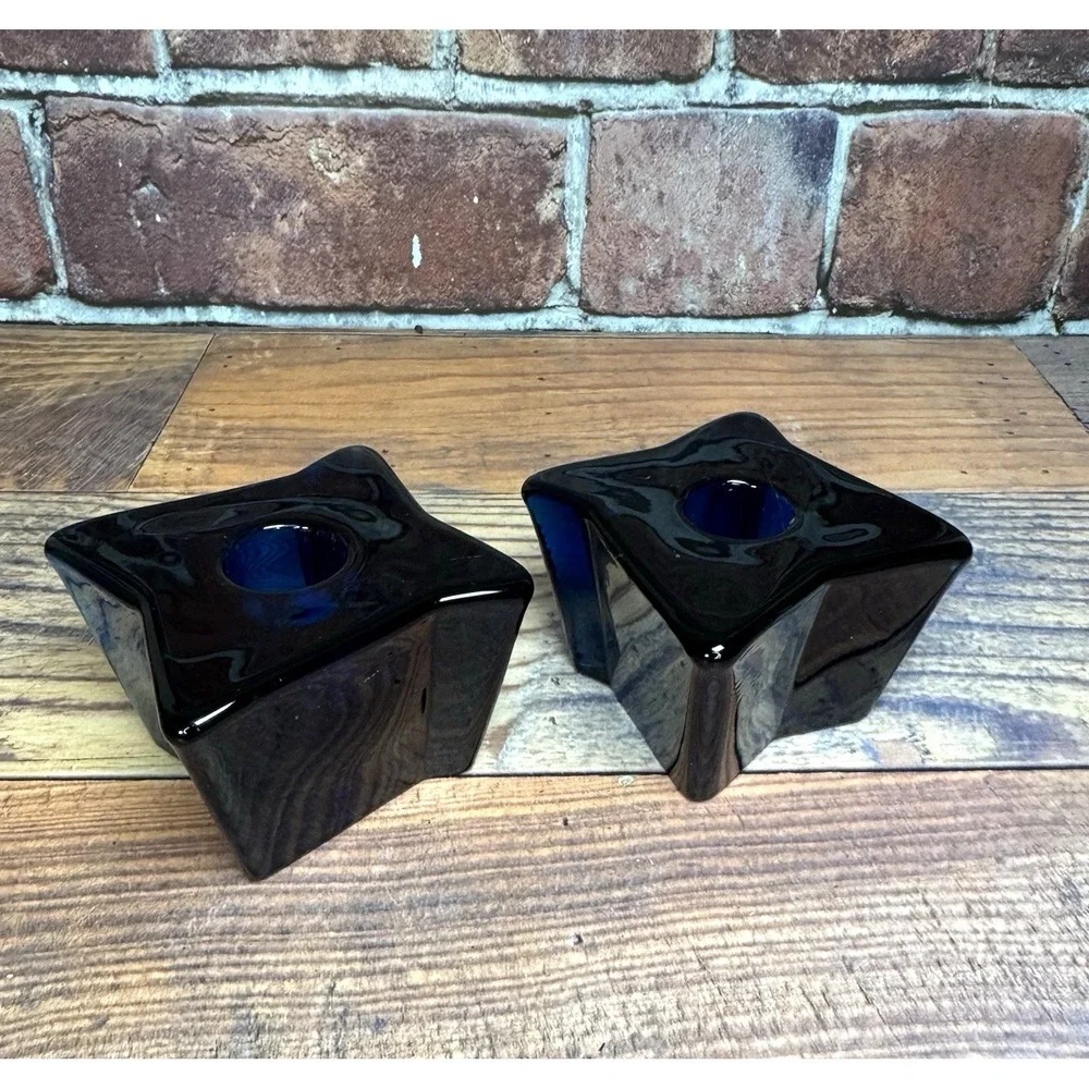 Viking Glass Bluenique Cobalt Blue ASTRA Four-Pointed Candle Holder Pair Set MCM